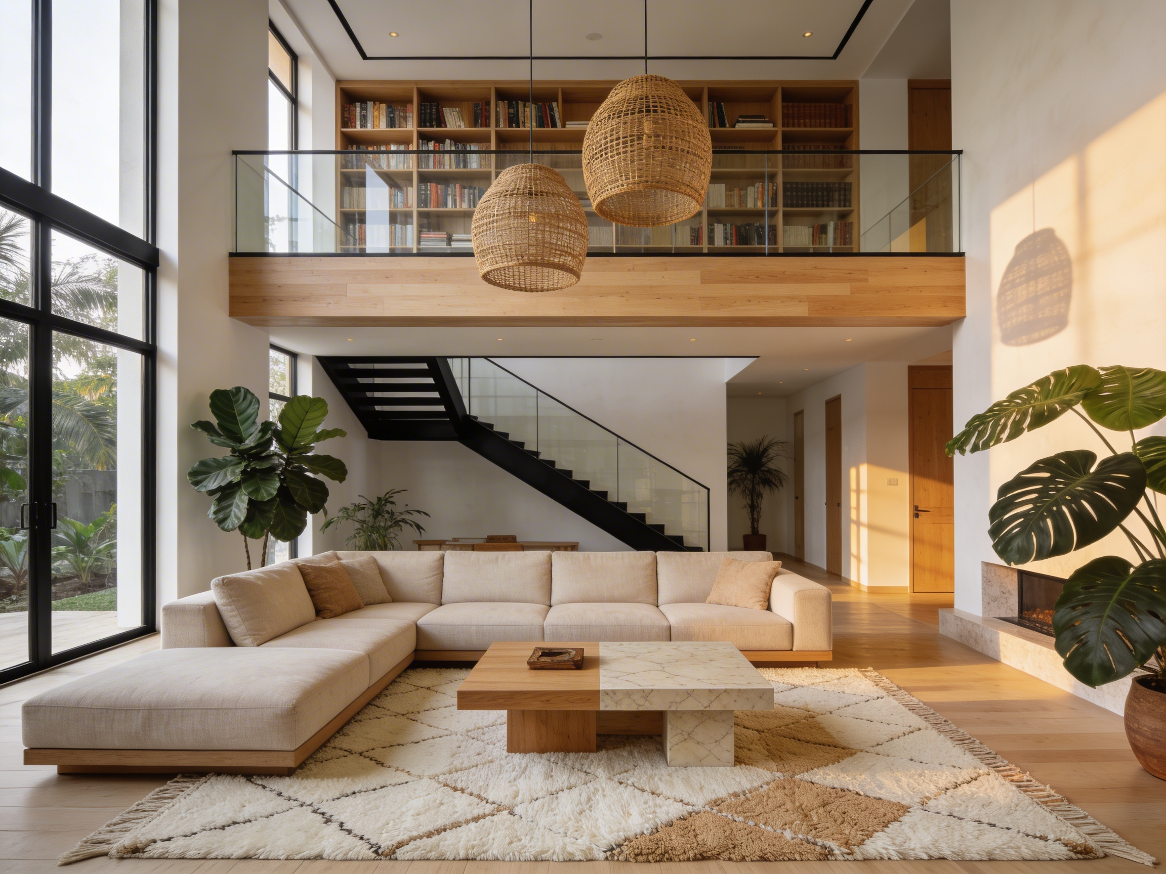 Villa Ébène — salon cathédrale avec mezzanine lumineuse